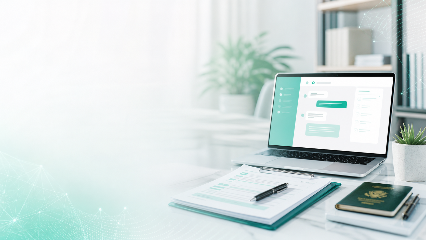 Modern AI immigration intake workspace with laptop, forms, and passport